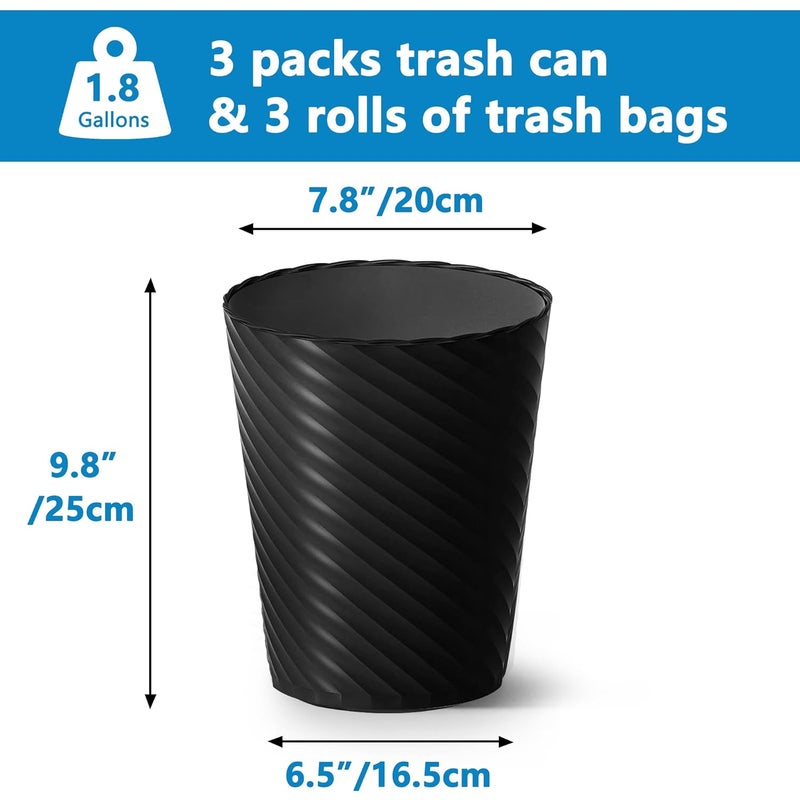 Lysam Bathroom Trash Can, 8 Pack 1.8 Gallons Small Trash Can with Trash Bags, Bathroom Garbage Can, Plastic Trash Bin, Round Waste Basket for Living Room, Bedroom, Office, Kitchen, Compact Space (Black) - Image 3